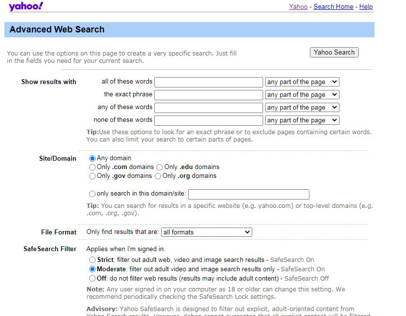 使用 Yahoo Advance Web Search 缩小搜索范围