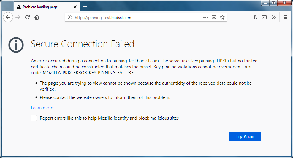 火狐浏览器报错“Secure Connection Failed”（公钥钉扎）安全证书认证失败的错误解决方法