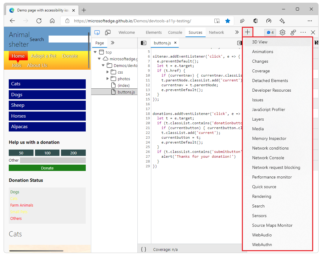 Microsoft Edge DevTools的35种工具概述（附更多关闭与还原默认工具选项卡设置）